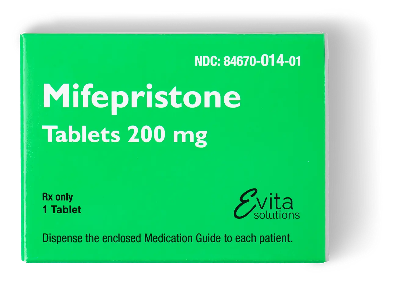 Mifepristone Tablets, 200 mg carton, top-down view